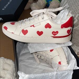 Coach Cream Sneakers with Red Heart Accents
